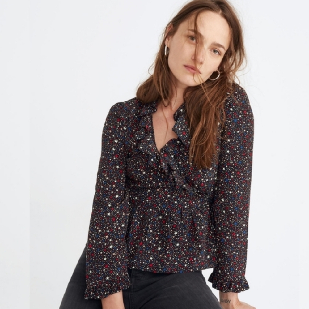 Madewell Silk Ruffle-Hem Wrap Top in Starry Night